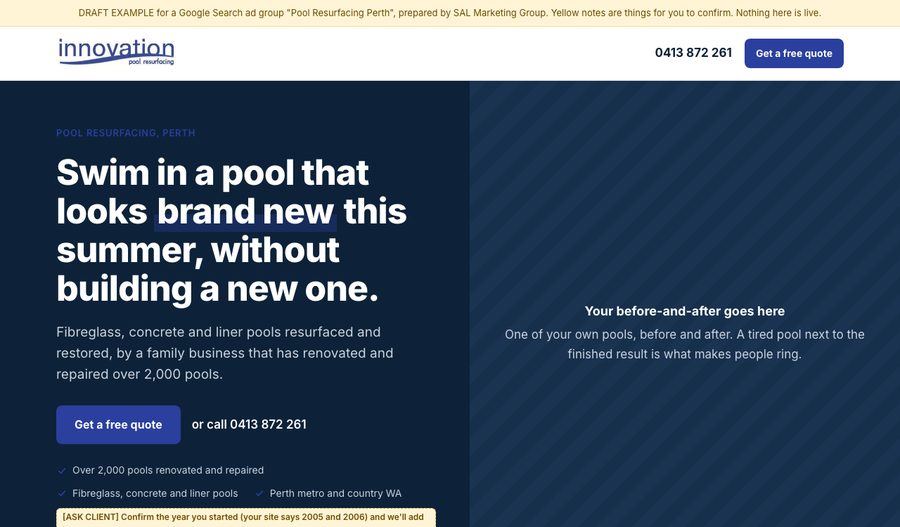 Preview of the Pool Resurfacing Perth landing page